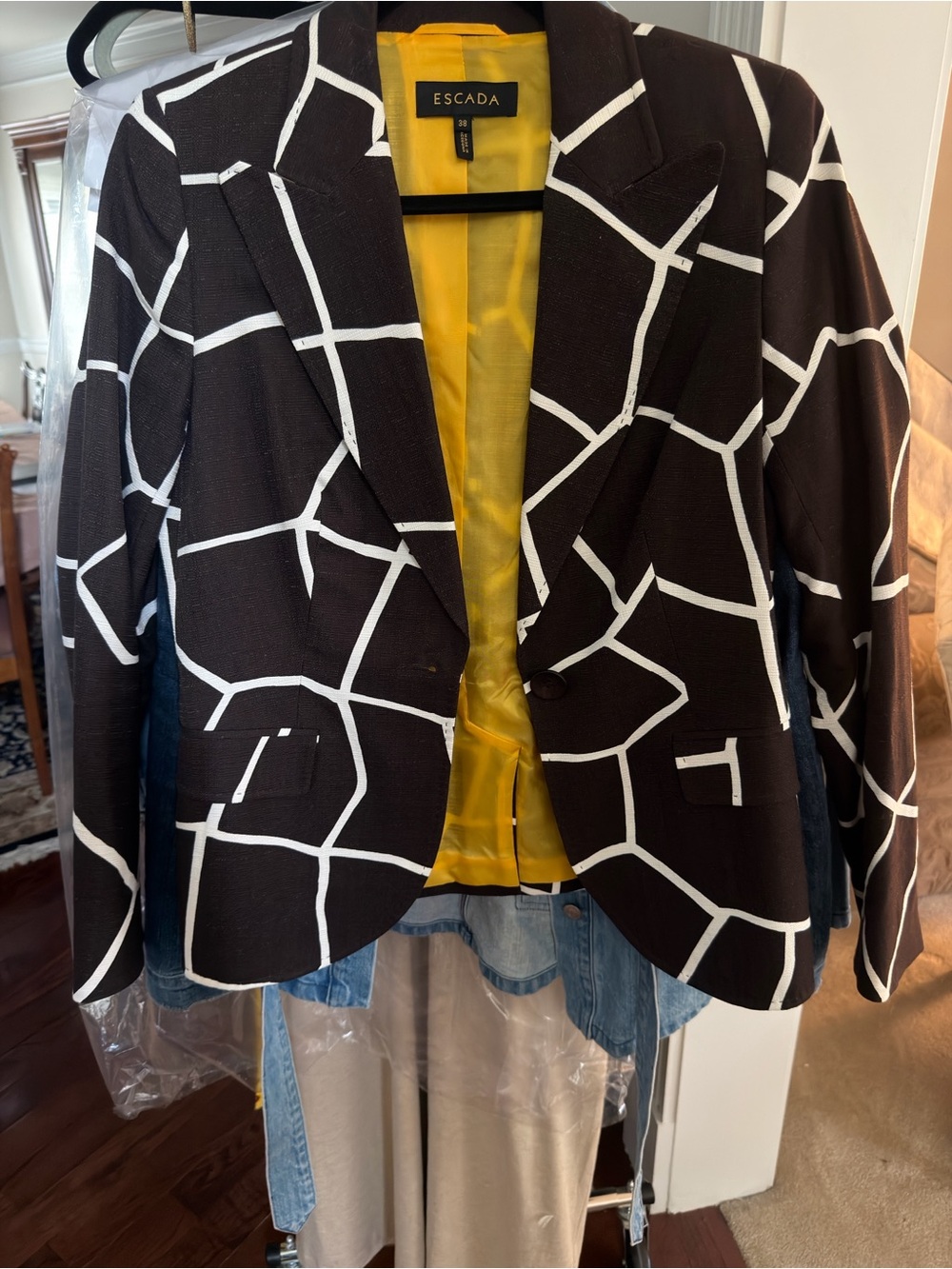 Escada Black and White Geometric Blazer with Yellow Lining